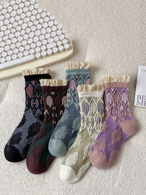 5 Pairs Women Autumn Artsy Flower JAcquard Cotton Socks