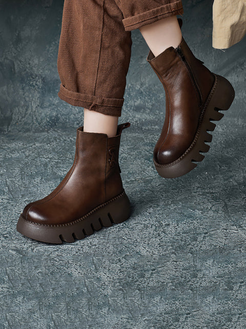 Women Retro Genuine Leather Platform Boots