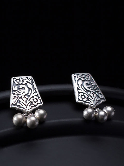 Women Vintage Sliver Carve Bead Pendant Earrings