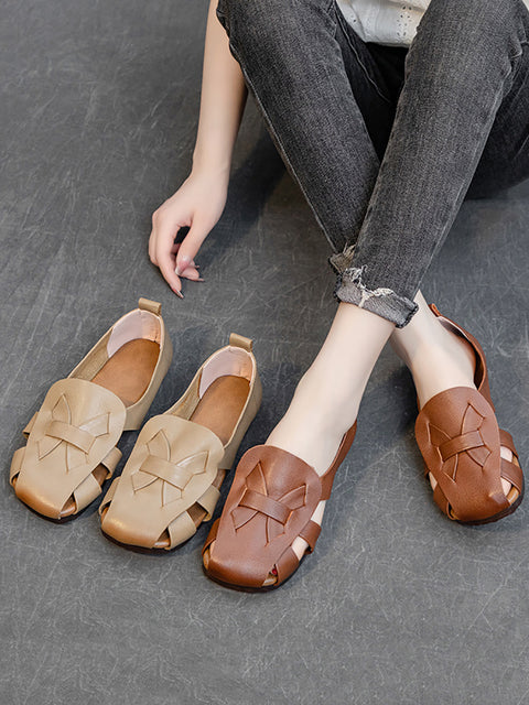 Women Summer Solid Vintage Leather Hollow Out Soft Shoes