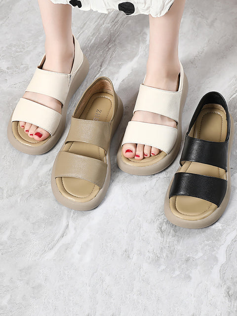 Women Summer Solid Leather Soft Flat Peep-toe Shoes