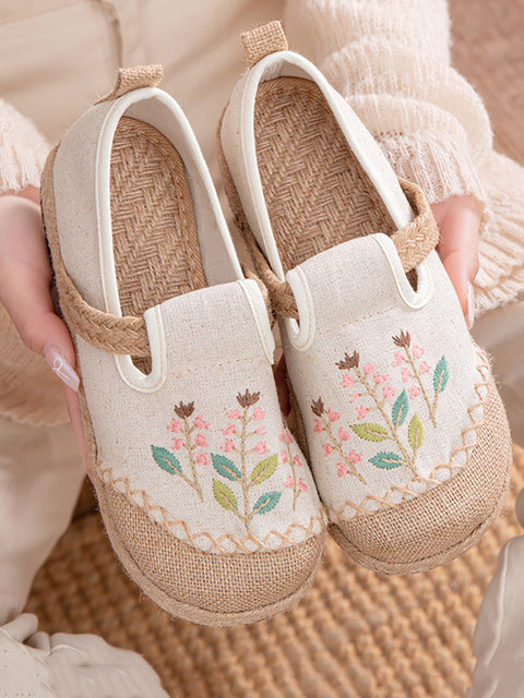 Women Ethnic Flower Embroidery Linen Cotton Flat Shoes