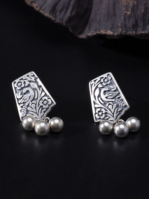 Women Vintage Sliver Carve Bead Pendant Earrings