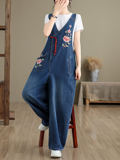 Women Spring Vintage Flower Embroidery Denim Jumpsuits