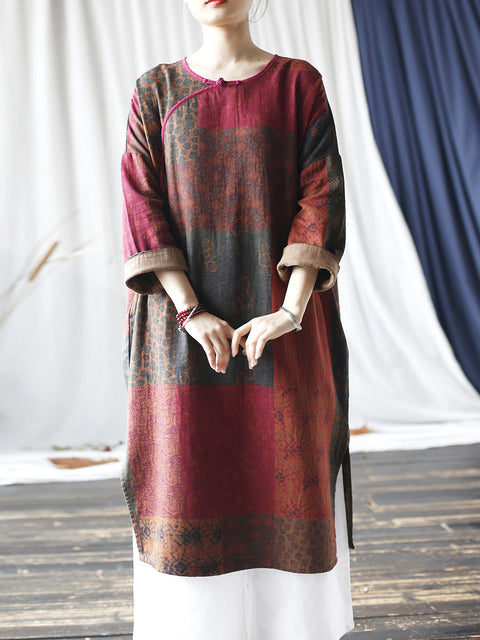 Women Vintage Spring Spliced Cotton Robe Dress