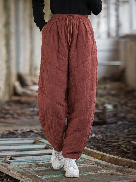 Women Winter Solid Spliced Ramie Padded Harem Pants