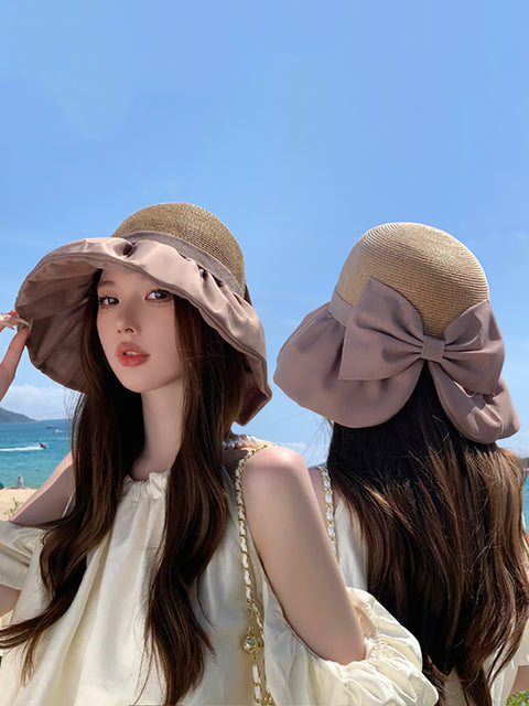 Women Summer Colorblock Straw Bowknot Sunproof Hat