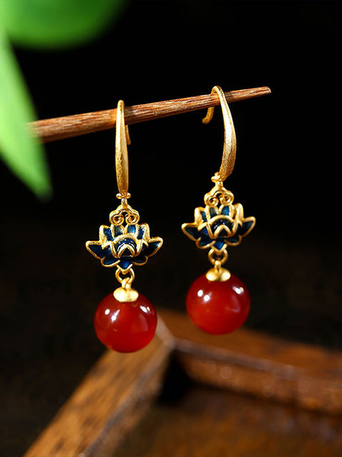 Vintage Red Bead Alloy Lotus Earrings