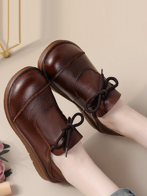 Women Vintage Leather Drawstring Flat Shoes