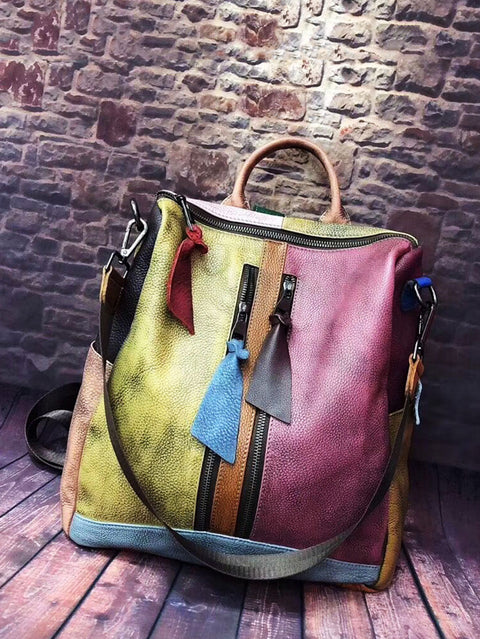 Multicolor Women Leather Zipper Backpack