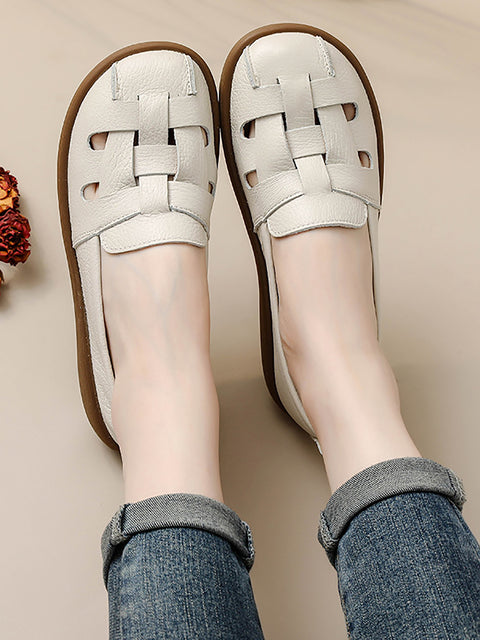 Women Summer Vintage Leather Soft  Weave Flat Shoes