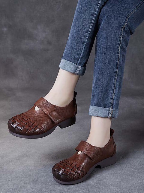 Women Vintage Soft Leather Weave Low Heel Shoes