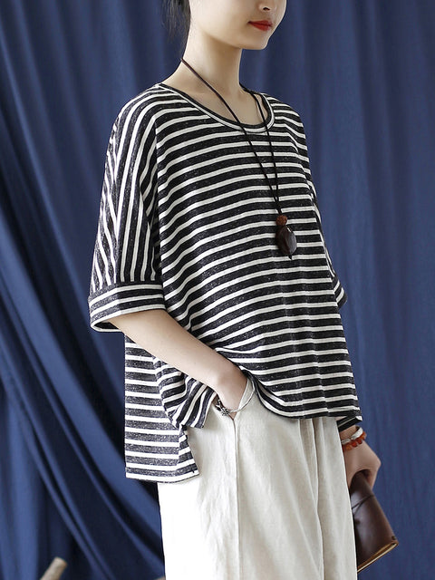 Women Summer Casual Stripe Loose O-Neck Shirt