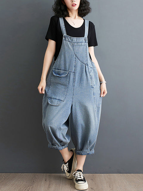 Women Summer Solid Casual Loose Denim Jumpsuits