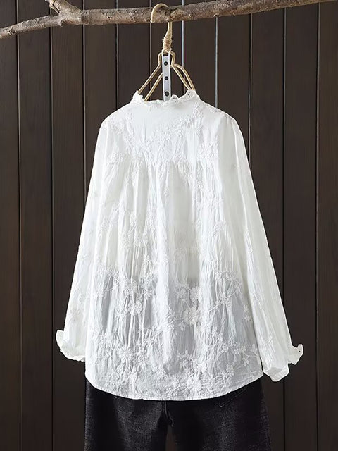 Plus Size Women Spring Flower Jacquard Lacework Neck Shirt