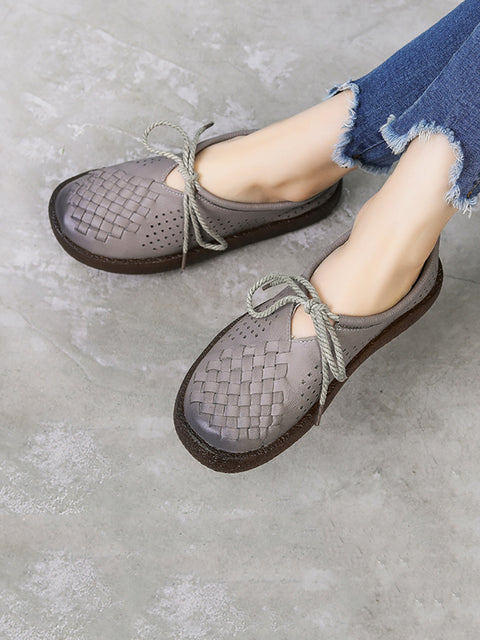 Women Vintage Summer Leather Weave Flat Shoes