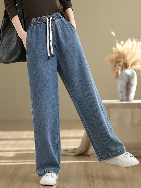 Women Spring Casual Pure Color Denim Straight Pants