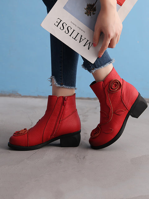 Women Retro Flower Leather Solid Mid-Heel Boots