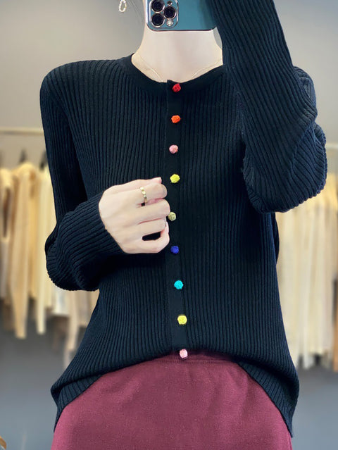 Women Autumn Colorful Button O-Neck Cotton Sweater