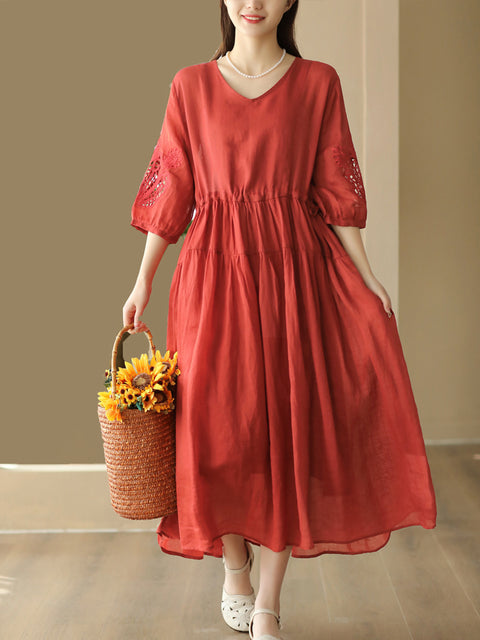 Women Vintage Embroidery Solid Stitching Ramie Dress