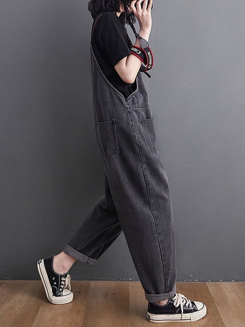 Women Retro Spring Solid Loose Denim Jumpsuits