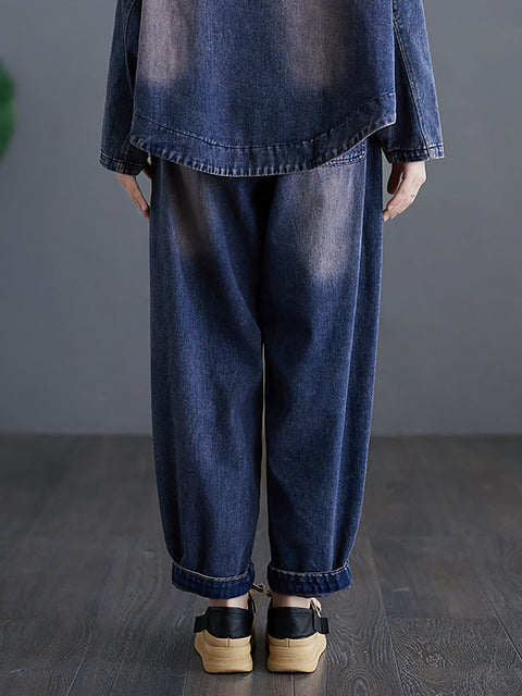 Women Casual Spring Spliced Washed Denim Pants