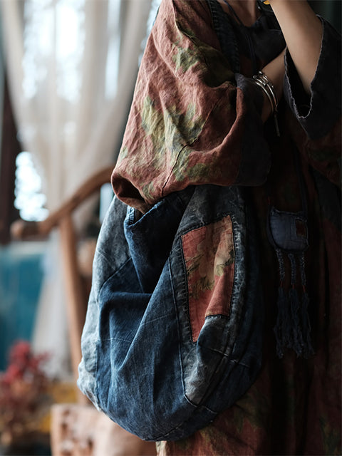 Vintage Denim Spliced Women Shoulder Bag