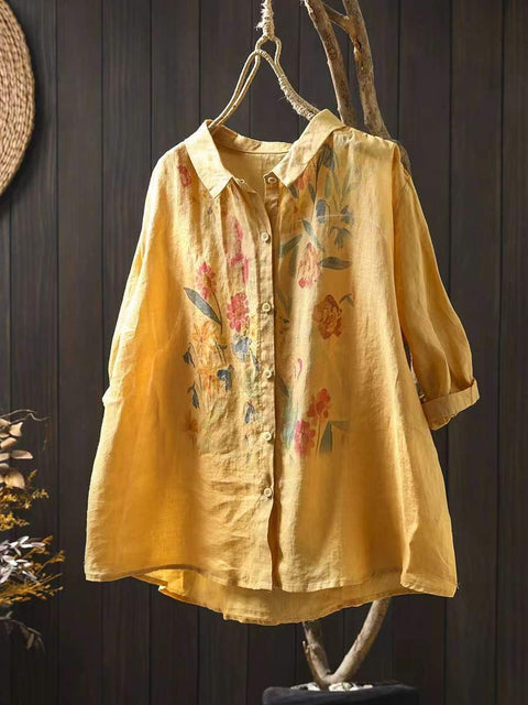 Women Artsy Summer Flower Print Ramie Blouse