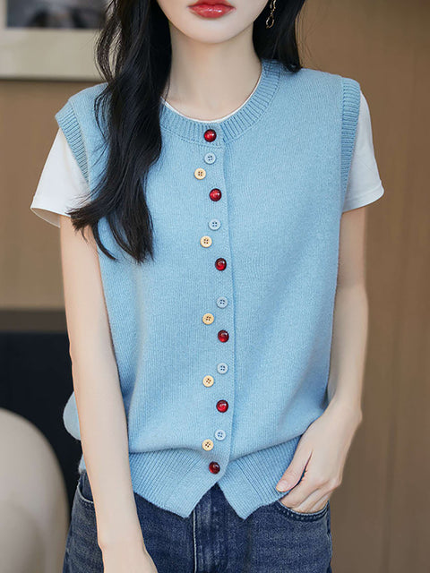 Women Spring Casual O-Neck Colorful Button Knit Vest