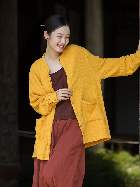 Women Vintage Autumn Solid O-Neck Shirt Coat