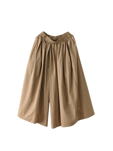 Women Summer Solid Pleat Button Pocket Wide-leg Pants