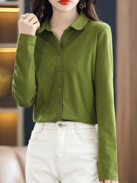 Women Spring Turn-down Collar Pure Color Cotton Shirt