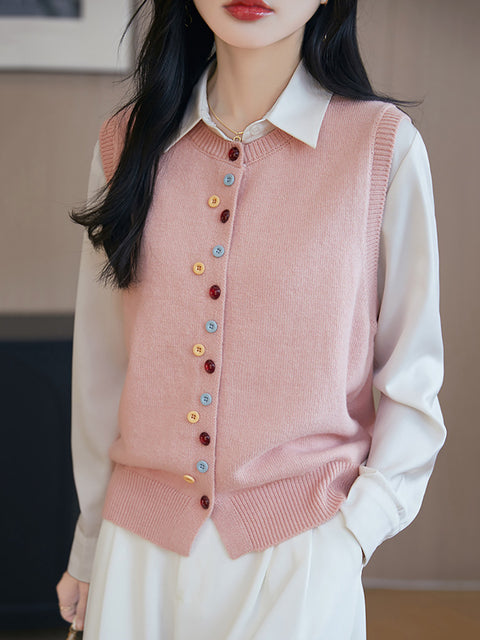 Women Spring Casual O-Neck Colorful Button Knit Vest