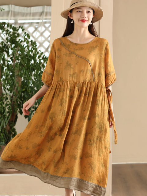 Women Summer Vintage Flower Spliced Strap Ramie Dress