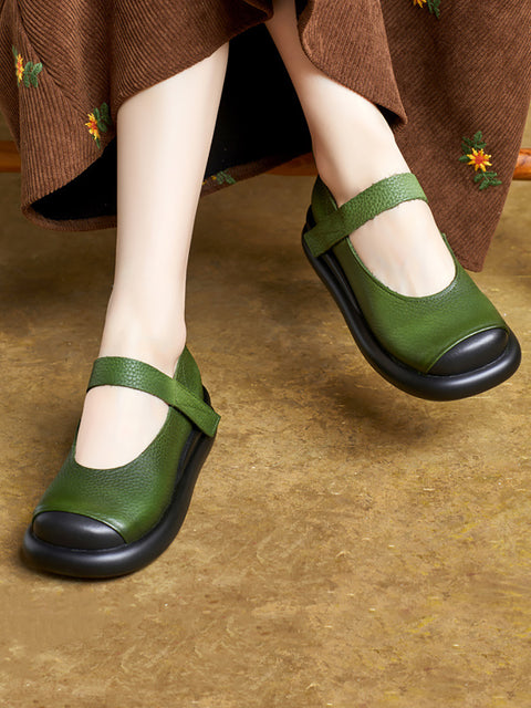 Women Vintage Soft Leather Colorblock Mary Jane Shoes