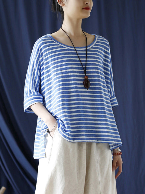 Women Summer Casual Stripe Loose O-Neck Shirt