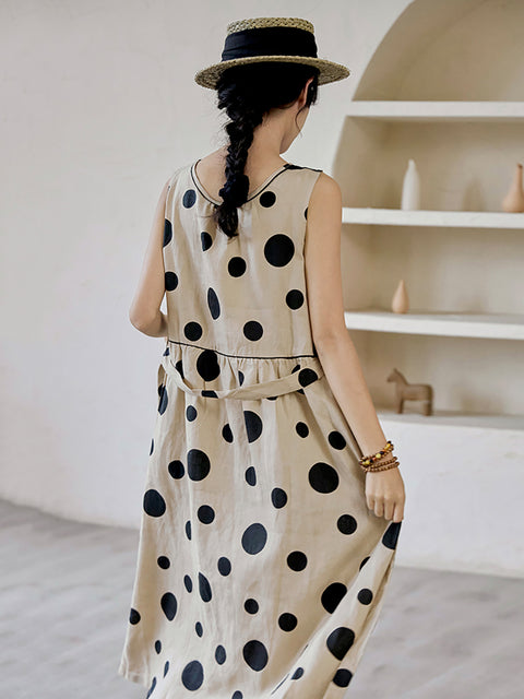 Plus Size Women Summer Casual Dot Drawstring Linen Vest Dress