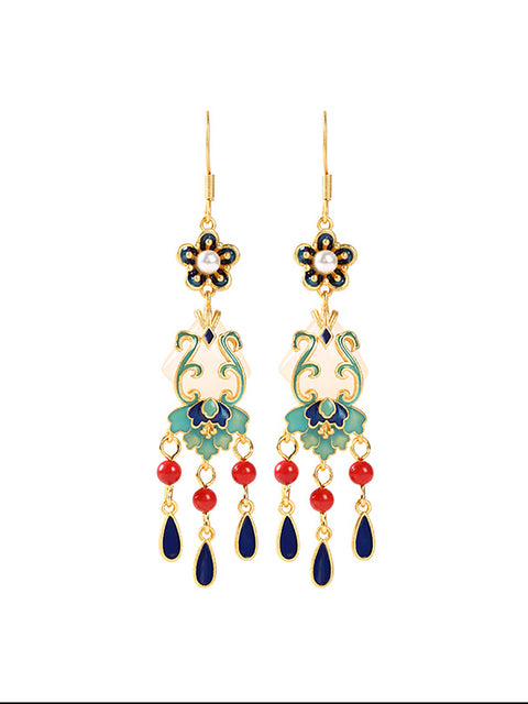 Women Ethnic Jade Enamel Alloy Tassel Earrings