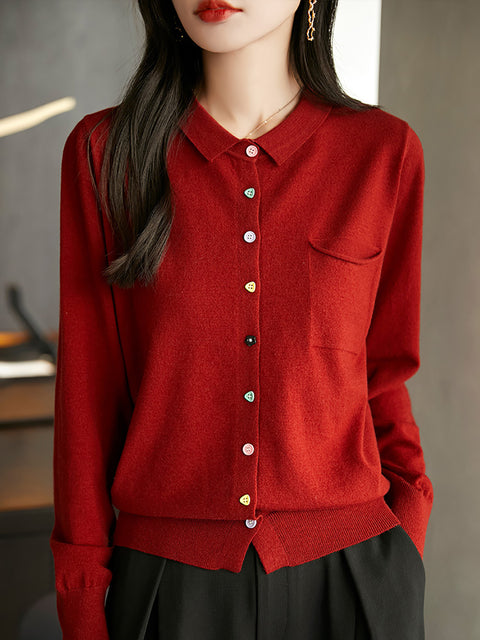 Women Spring Turn-down Collar Knit Sweater