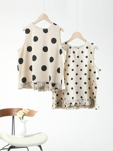 Plus Size Women Casual Dot Lacework Hem Loose Cotton Vest