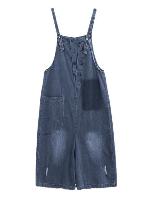 Women Summer Washed Pocket Frayed Button Denim Jumpsuits