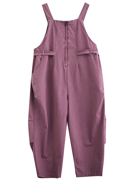 Women Autumn Vintage Zipper Casual Loose Solid Jumpsuits