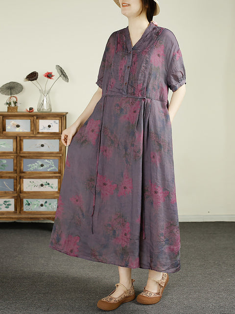 Women Summer Vintage Shirred V-Neck Ramie Loose Dress