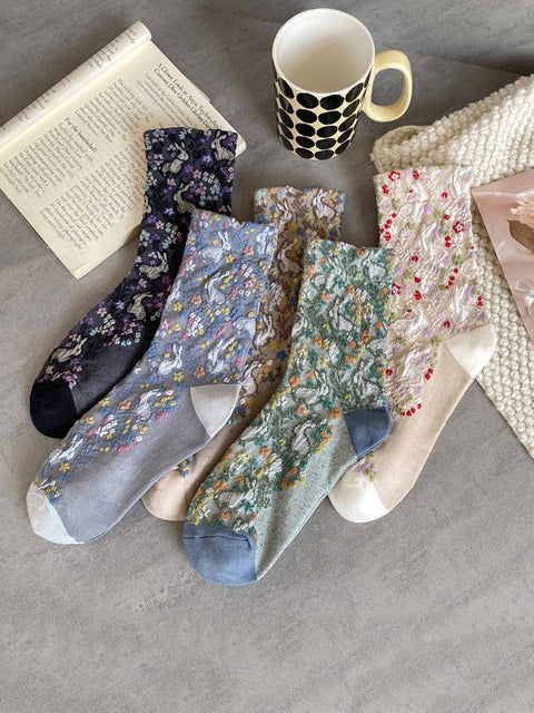 5 Pairs Women Artsy Floral Jacquard Cotton Socks