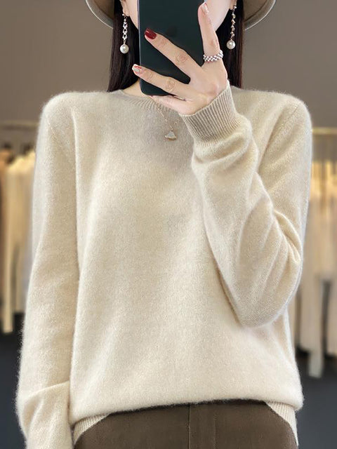 Women Autumn Solid Knit 100%Wool O-Neck Sweater