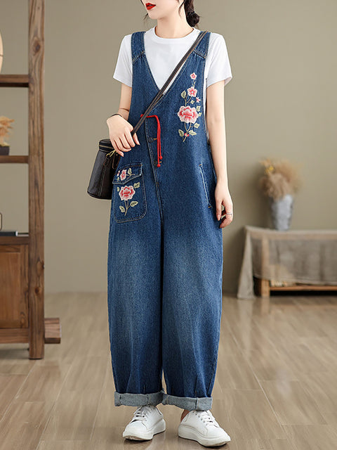 Women Spring Vintage Flower Embroidery Denim Jumpsuits