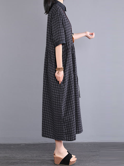 Plus Size Women Artsy Plaid Cotton Dress