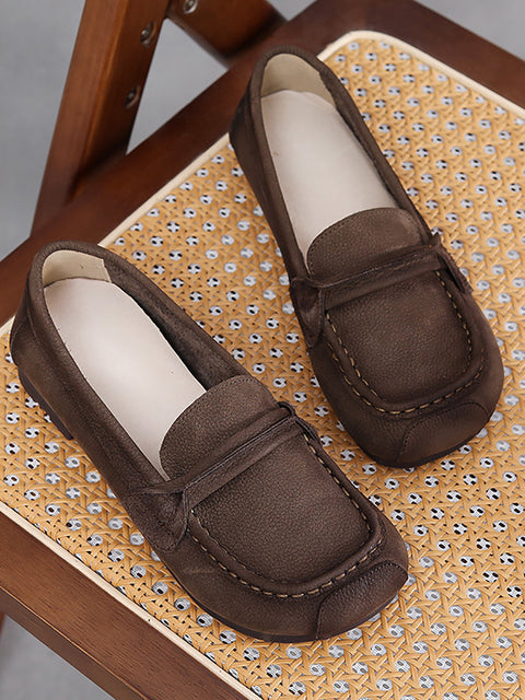 Women Vintage Leather Square-Toe Flat Shoes