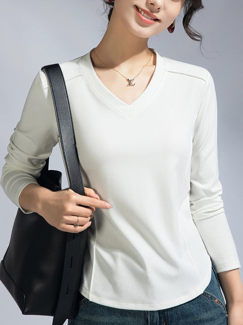 Women Spring Casual V-Neck Pure Color Blouse