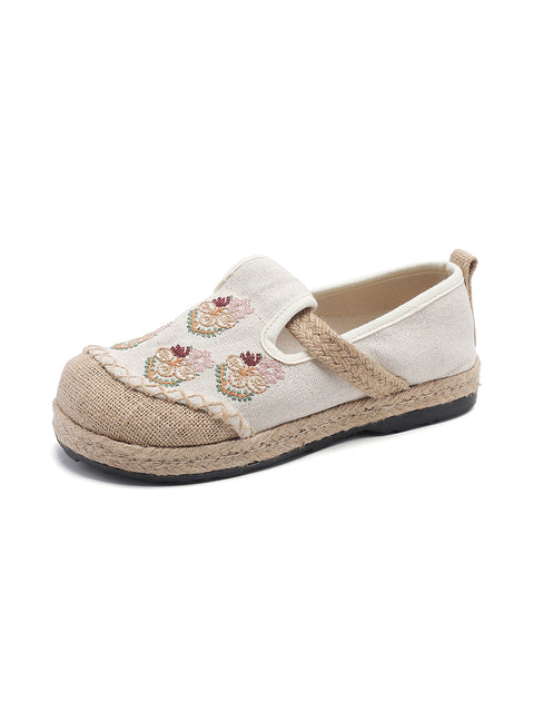 Women Ethnic Flower Embroidery Linen Flat Shoes